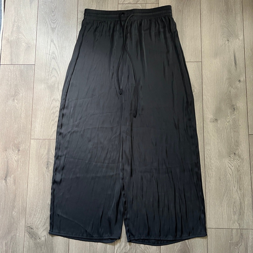 Rachel Zoe Womens Large Black Wide Leg Drawstring Palazzo Pants Satin Like